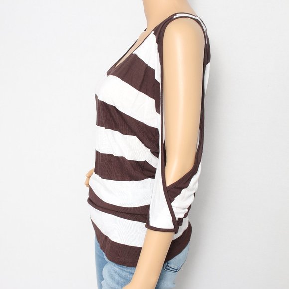 INC International Concepts Brown White Striped Cold Shoulder Top S - Picture 4 of 6